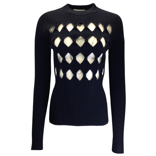 Victoria Beckham Navy Blue Cut-Out Detail Ribbed Knit Wool Sweater