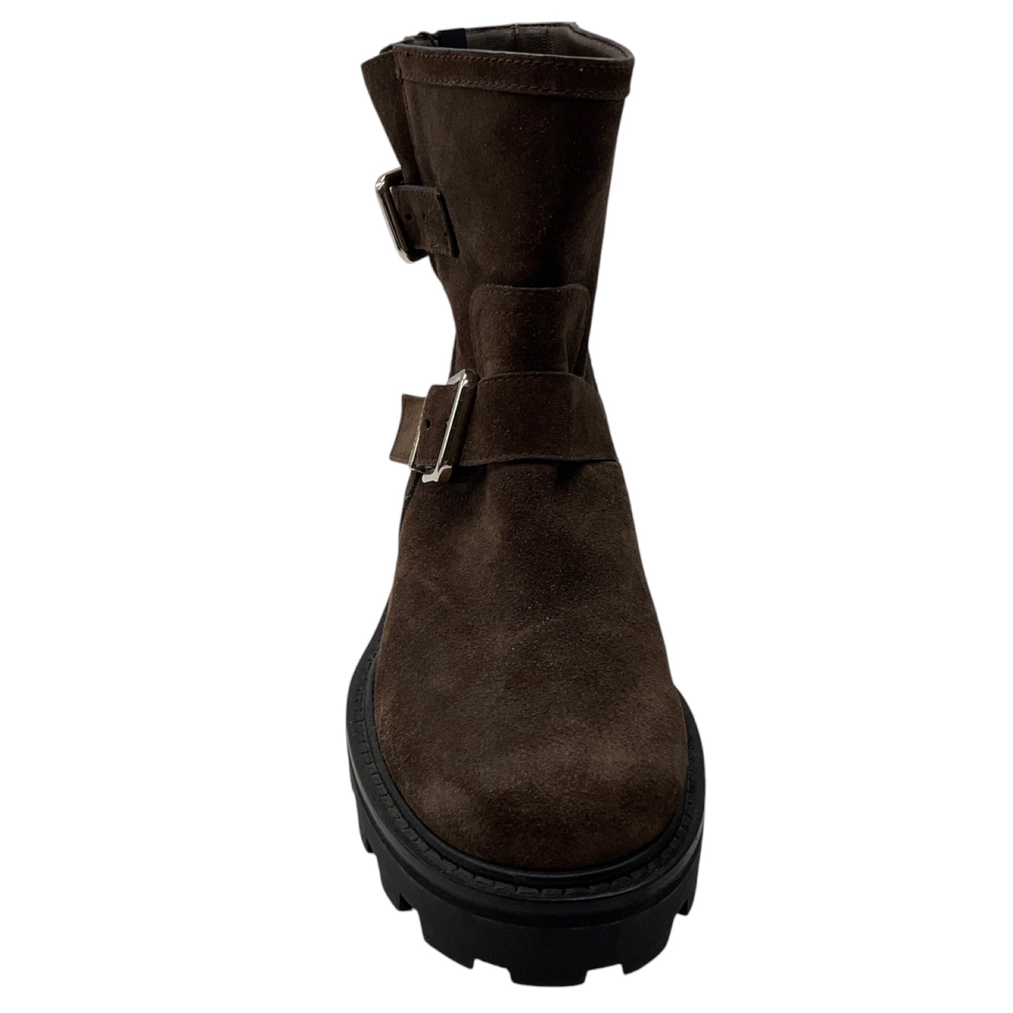 Jimmy Choo Brown Suede Leather Moto Boots with Buckle Detail
