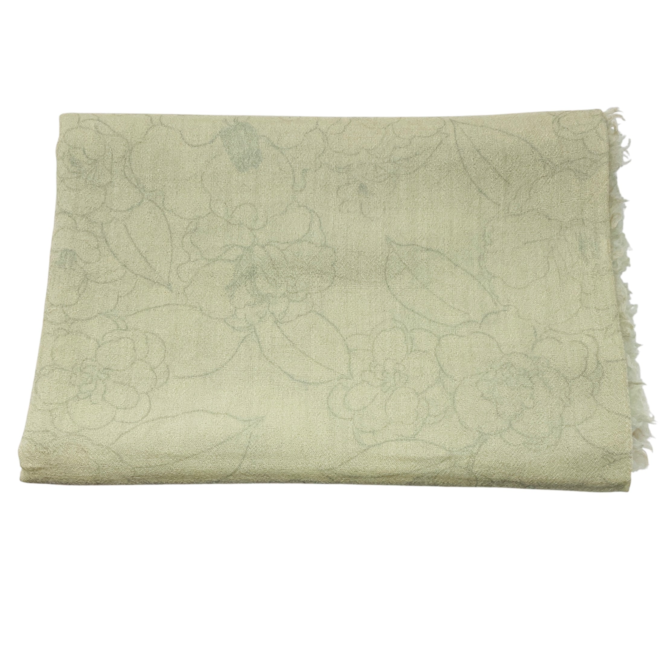 Chanel Light Green Ombre Effect CC Logo and Camellia Print Fringed Sheer Cashmere Scarf