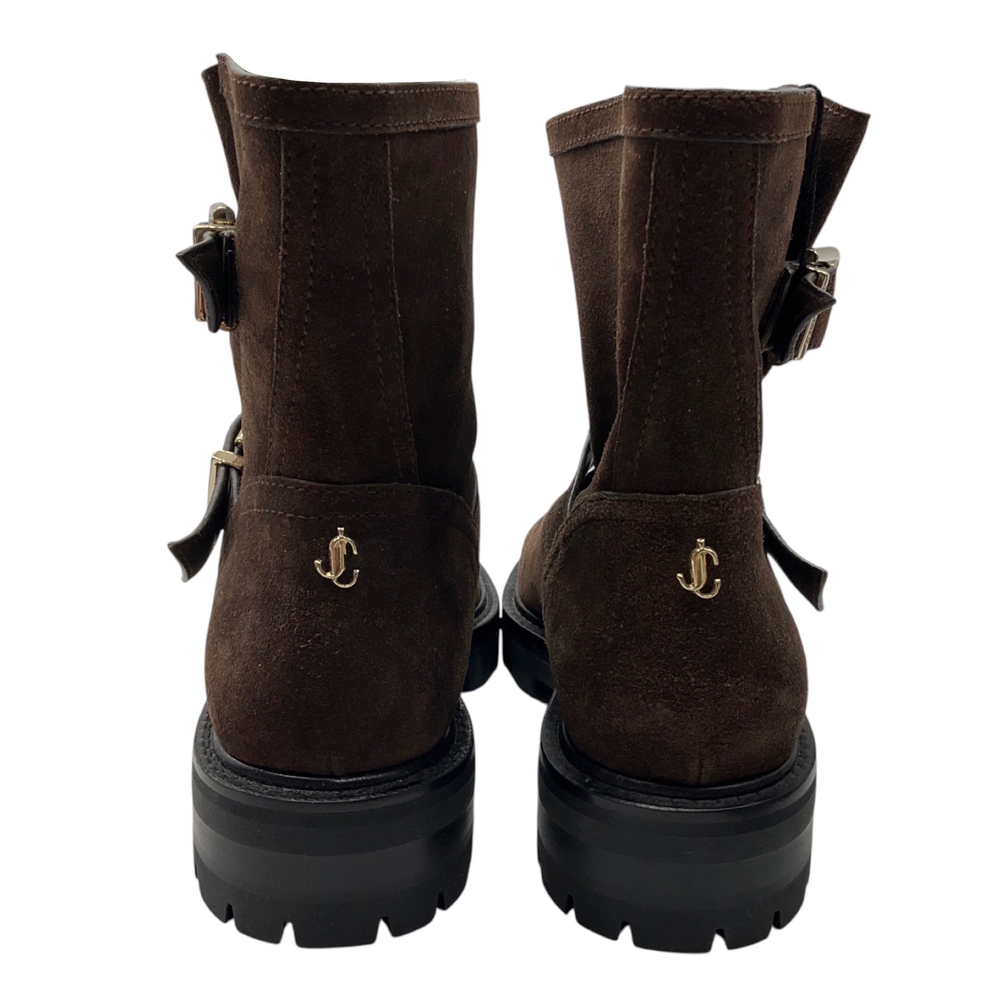Jimmy Choo Brown Suede Leather Moto Boots with Buckle Detail