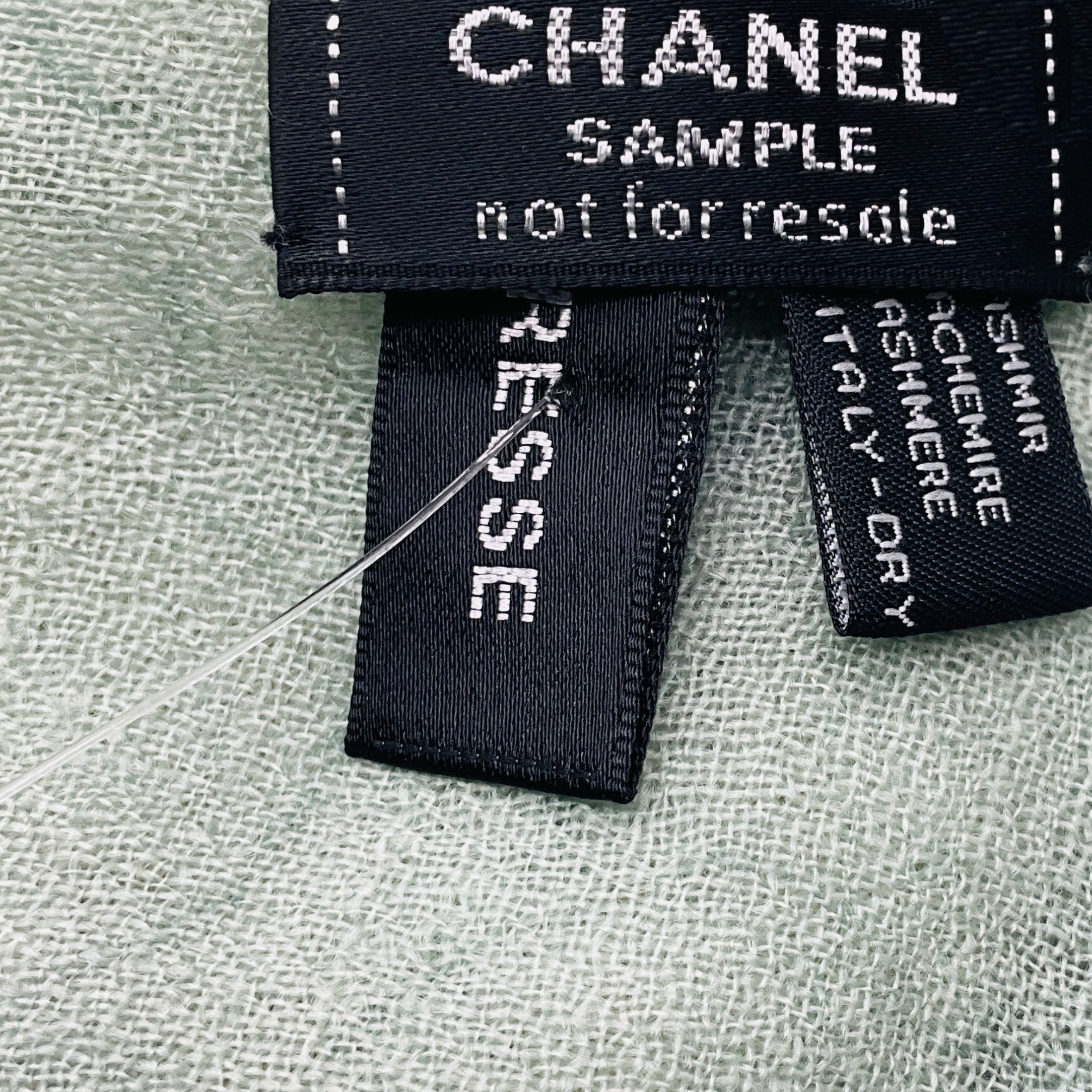 Chanel Light Green Ombre Effect CC Logo and Camellia Print Fringed Sheer Cashmere Scarf