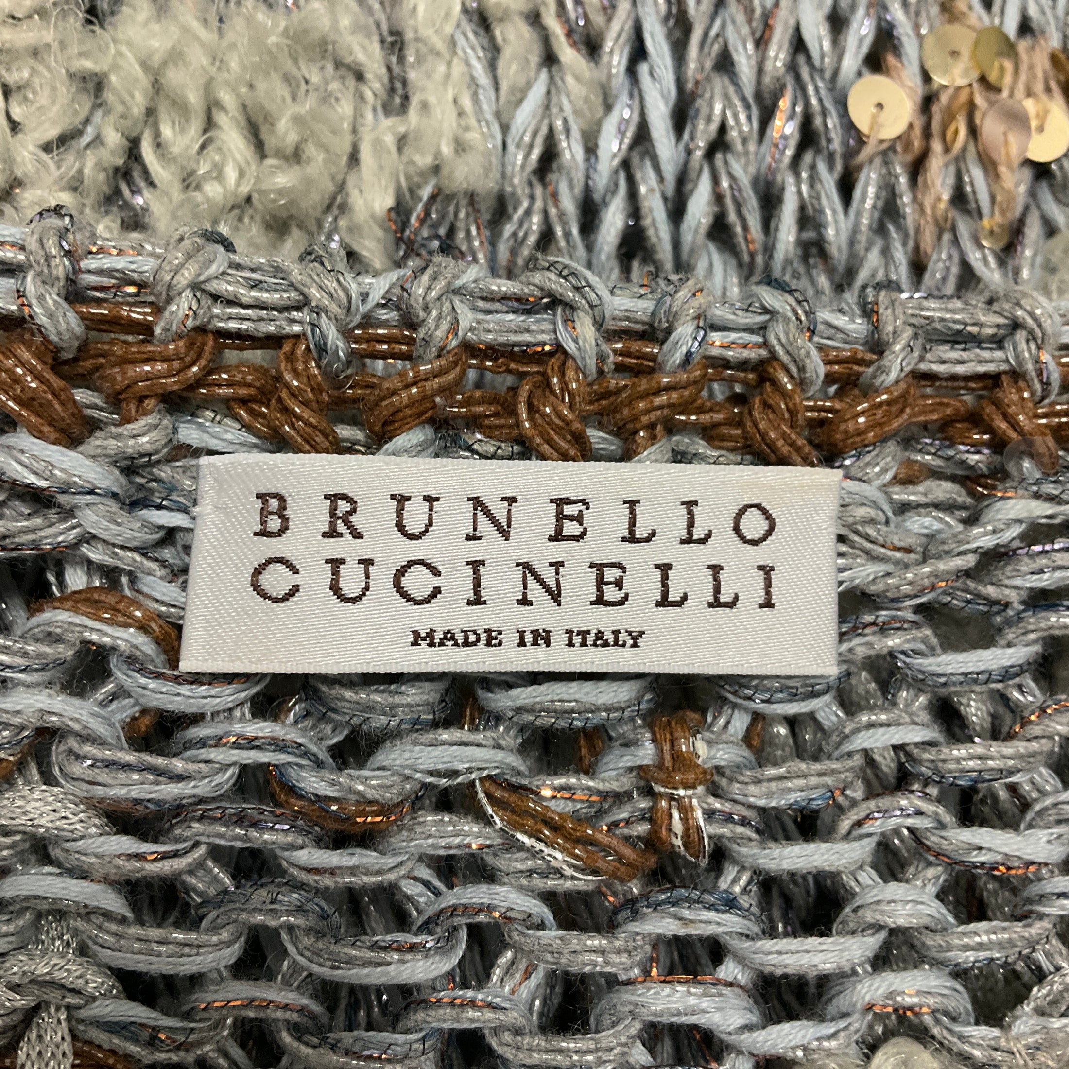Brunello Cucinelli Grey / Brown Sequined Short Sleeved Metallic Knit Sweater