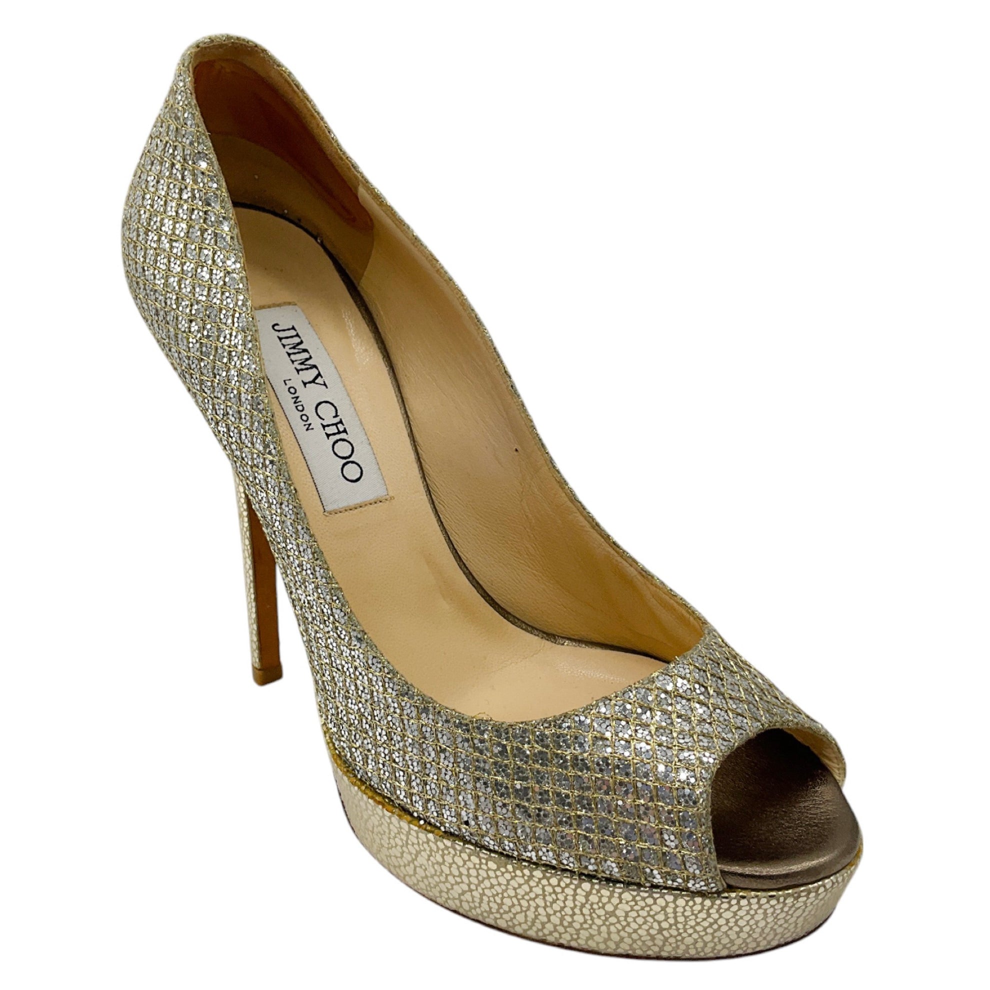 Jimmy Choo Gold / Silver Metallic Glitter Open Toe Platform Pumps