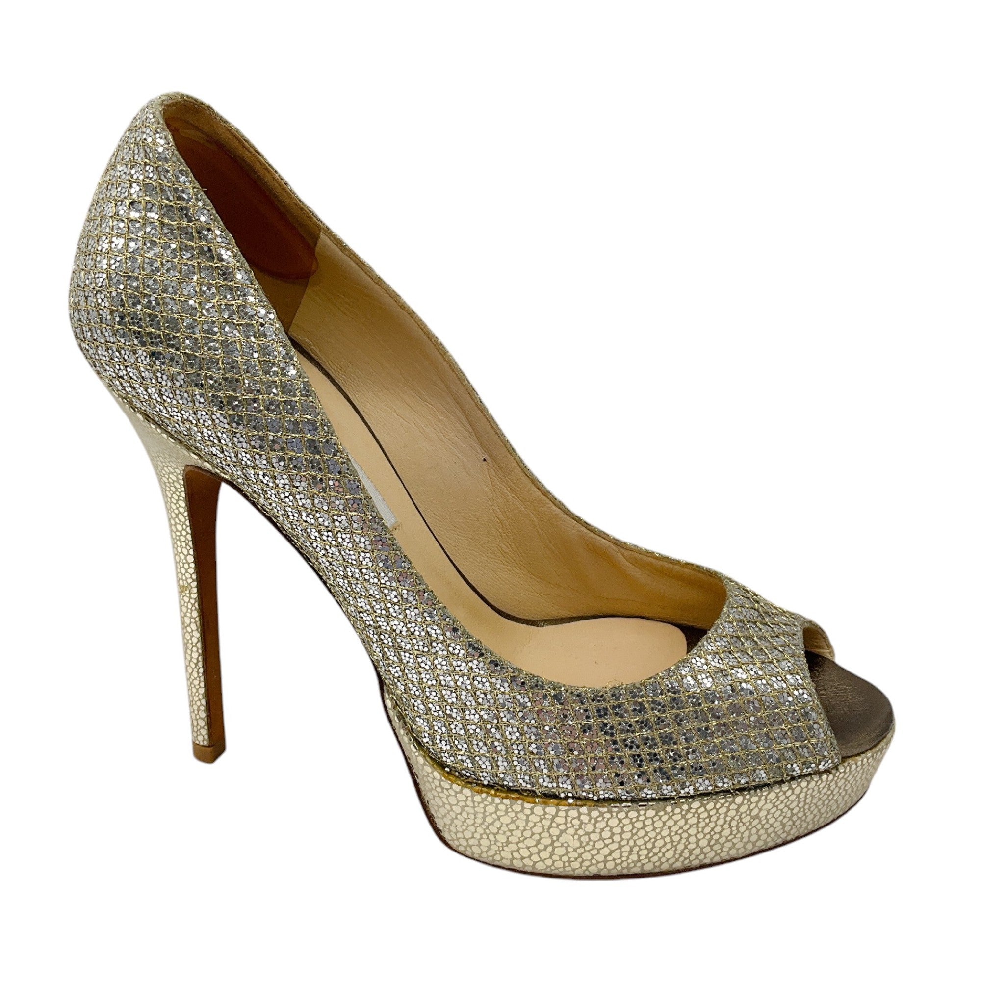 Jimmy Choo Gold / Silver Metallic Glitter Open Toe Platform Pumps