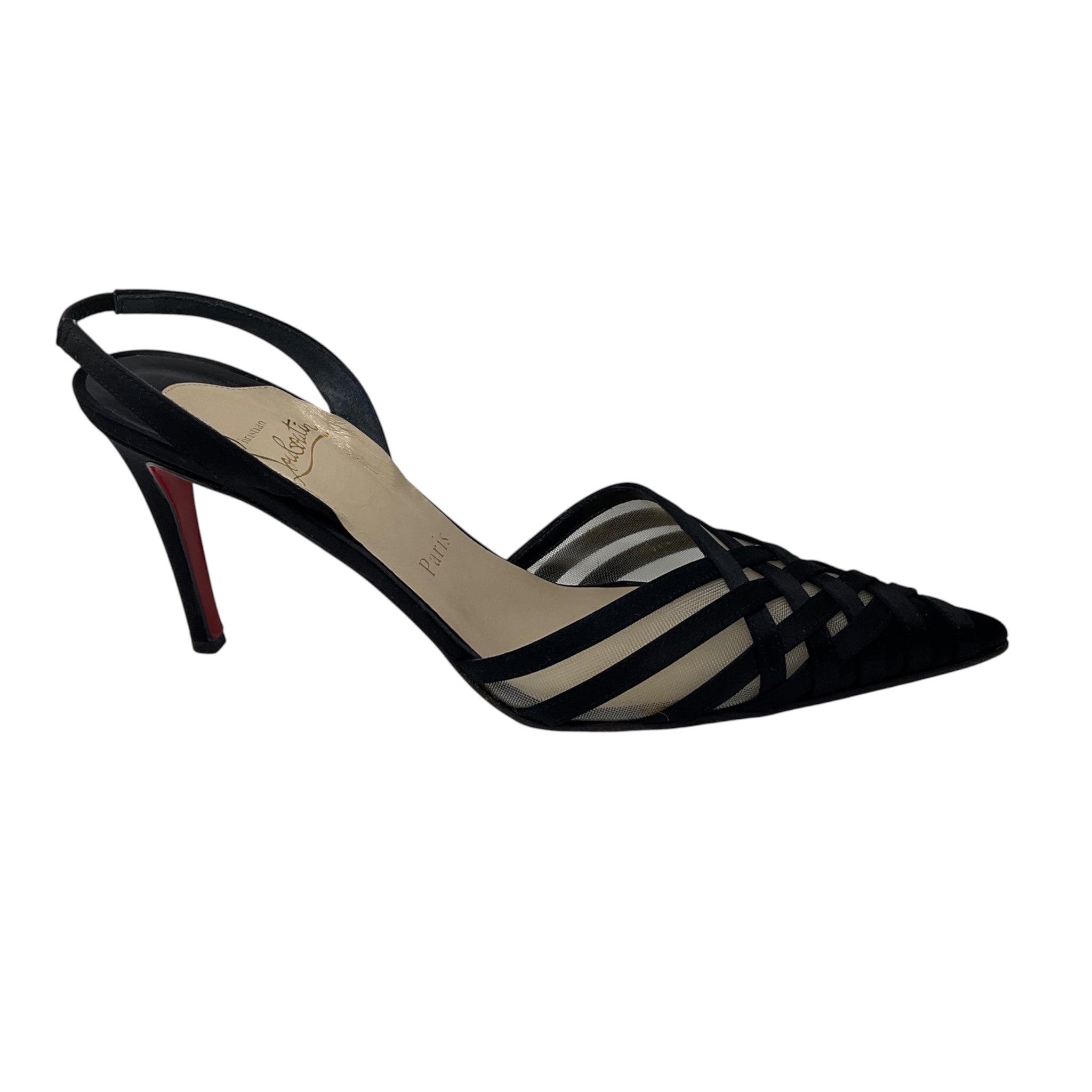 Christian Louboutin Black Mesh Tulle and Satin Pointed Toe Slingback Pumps