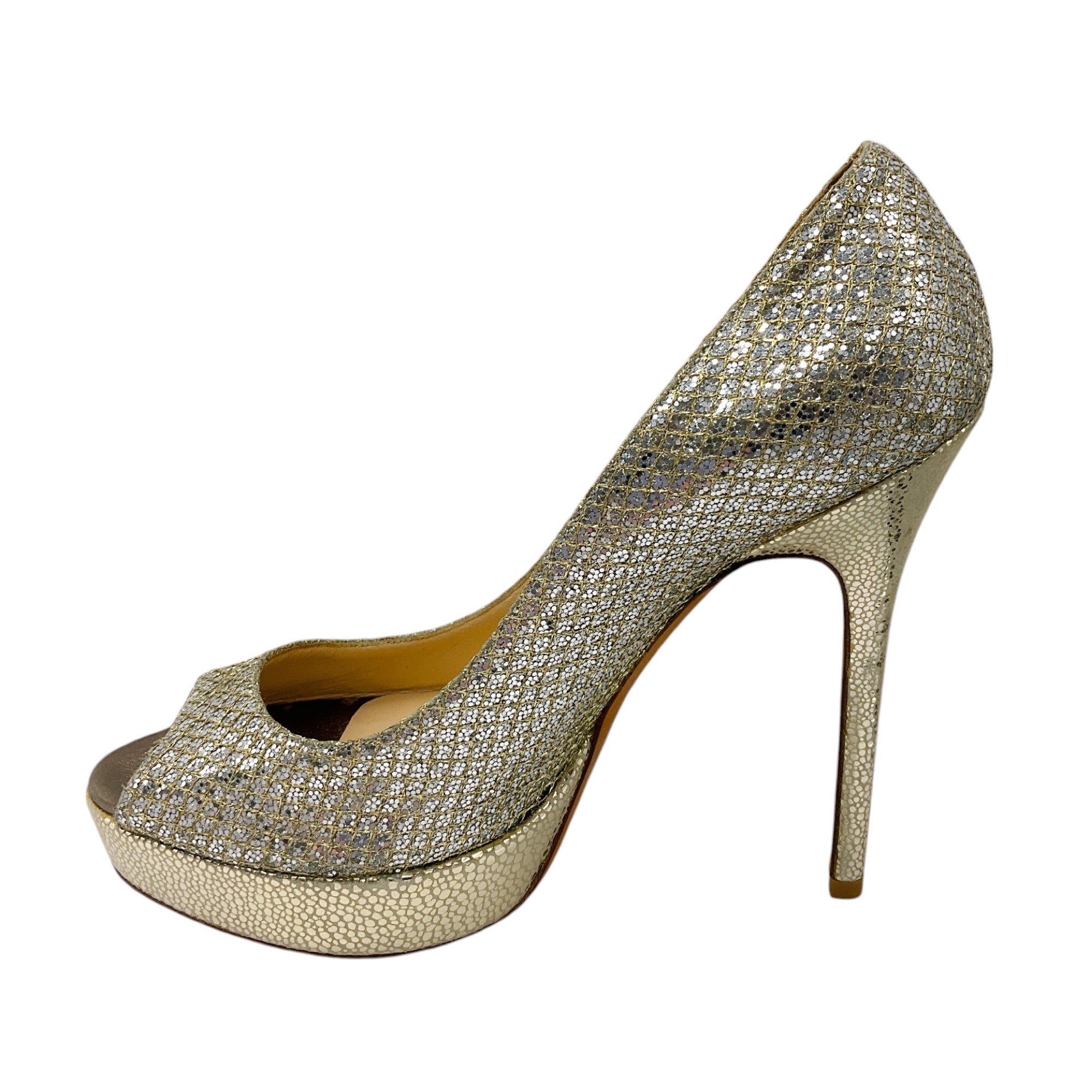 Jimmy Choo Gold / Silver Metallic Glitter Open Toe Platform Pumps