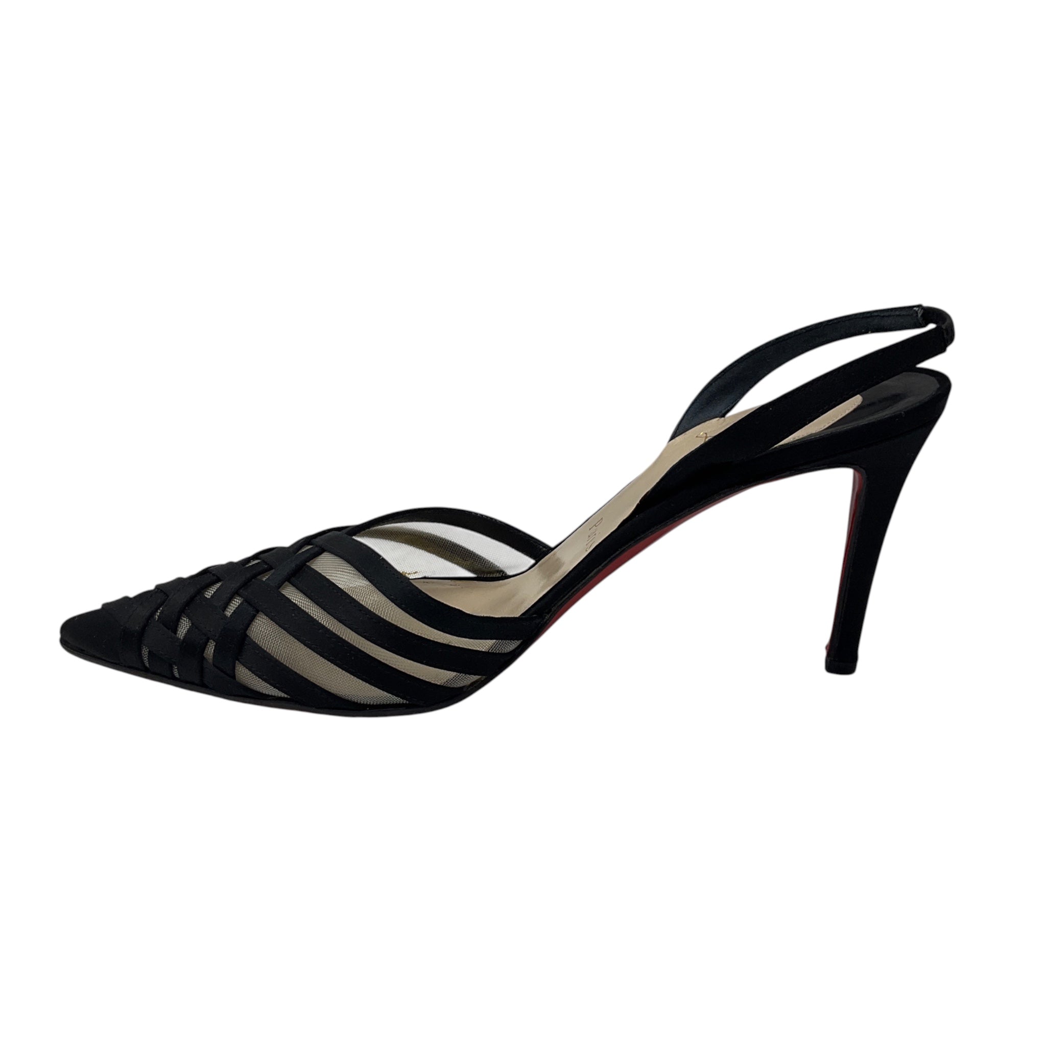 Christian Louboutin Black Mesh Tulle and Satin Pointed Toe Slingback Pumps