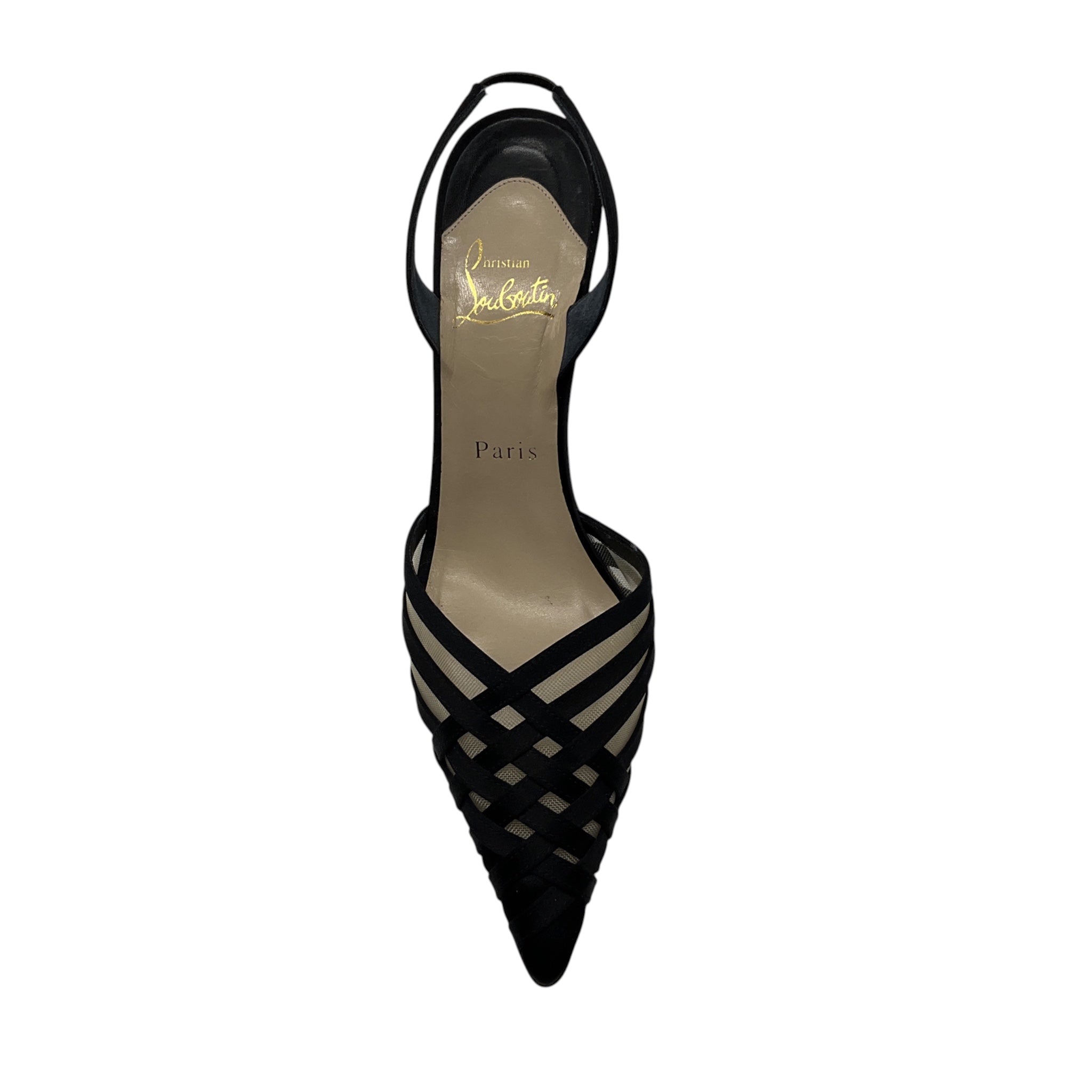 Christian Louboutin Black Mesh Tulle and Satin Pointed Toe Slingback Pumps