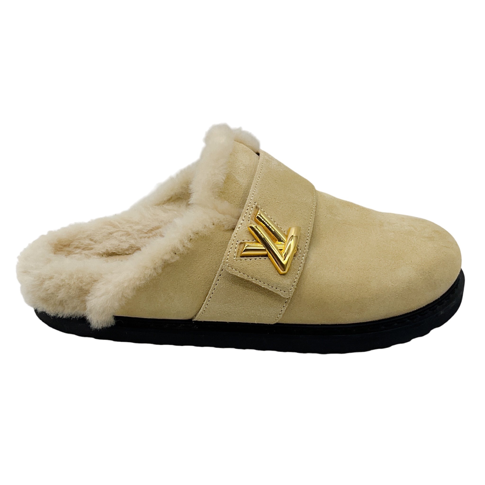 Louis Vuitton Nude Suede Calf Leather And Shearling LV Cosy Flat Comfort Clog
