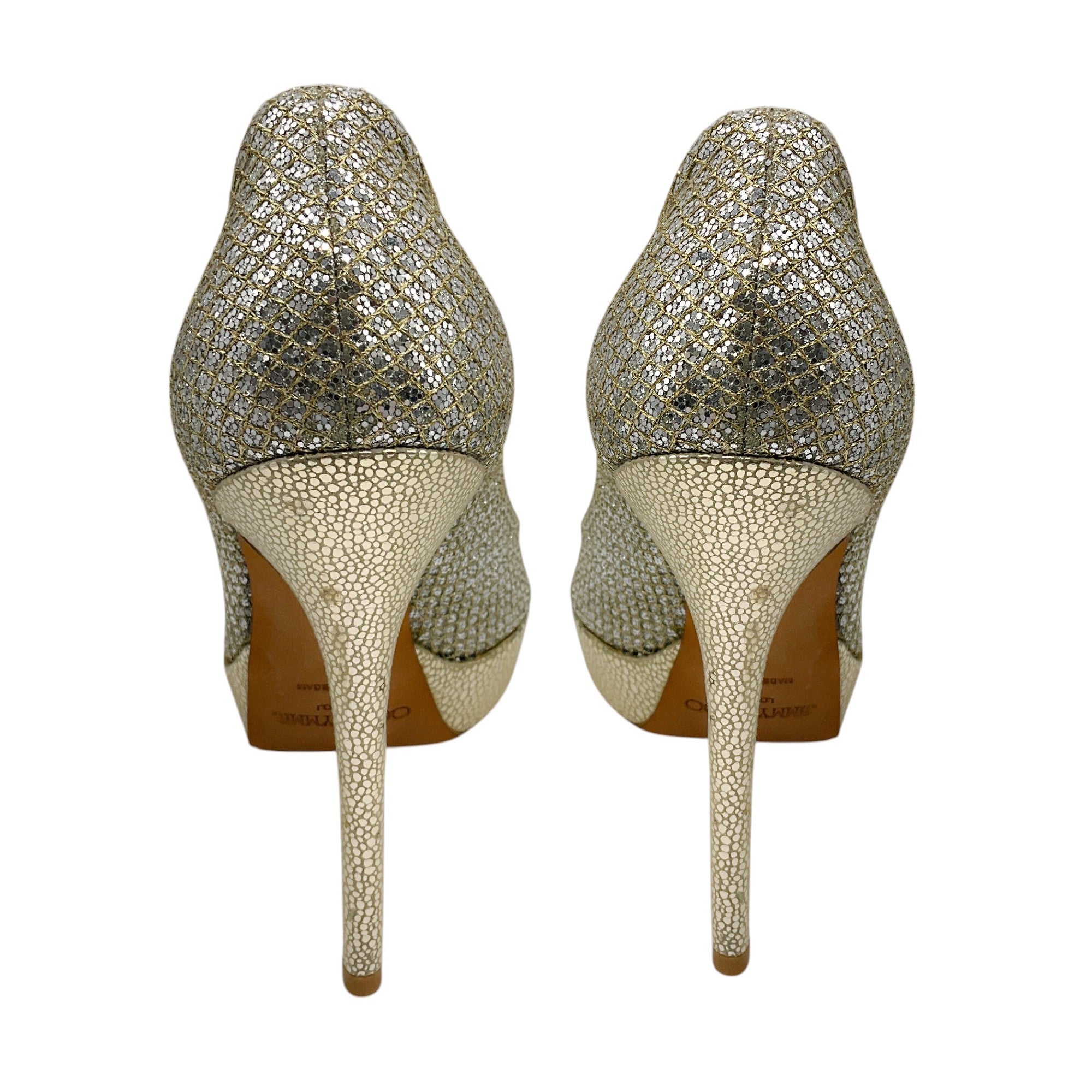 Jimmy Choo Gold / Silver Metallic Glitter Open Toe Platform Pumps