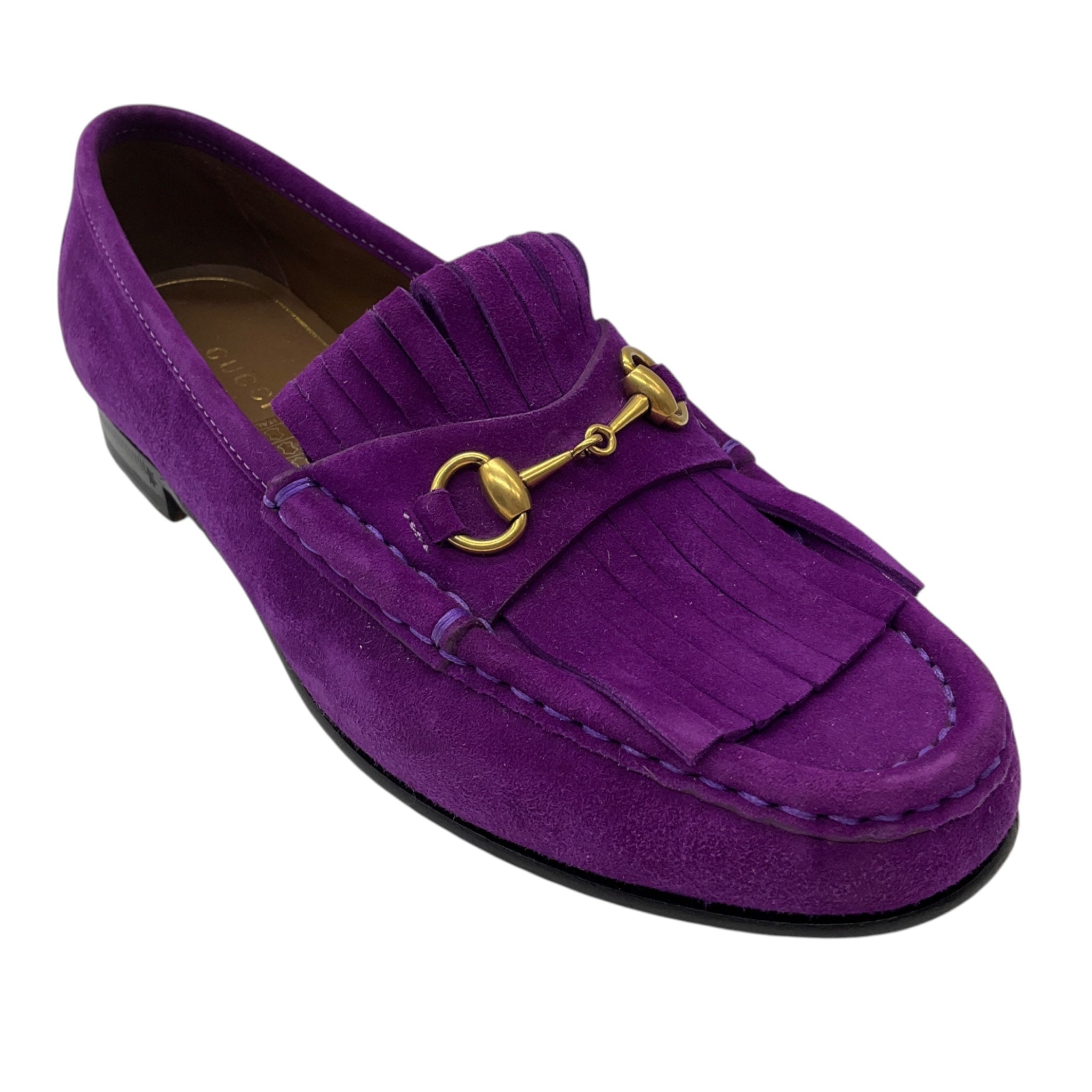 Gucci Purple / Antiqued Gold Horsebit Detail Suede Loafers / Moccasin Flats