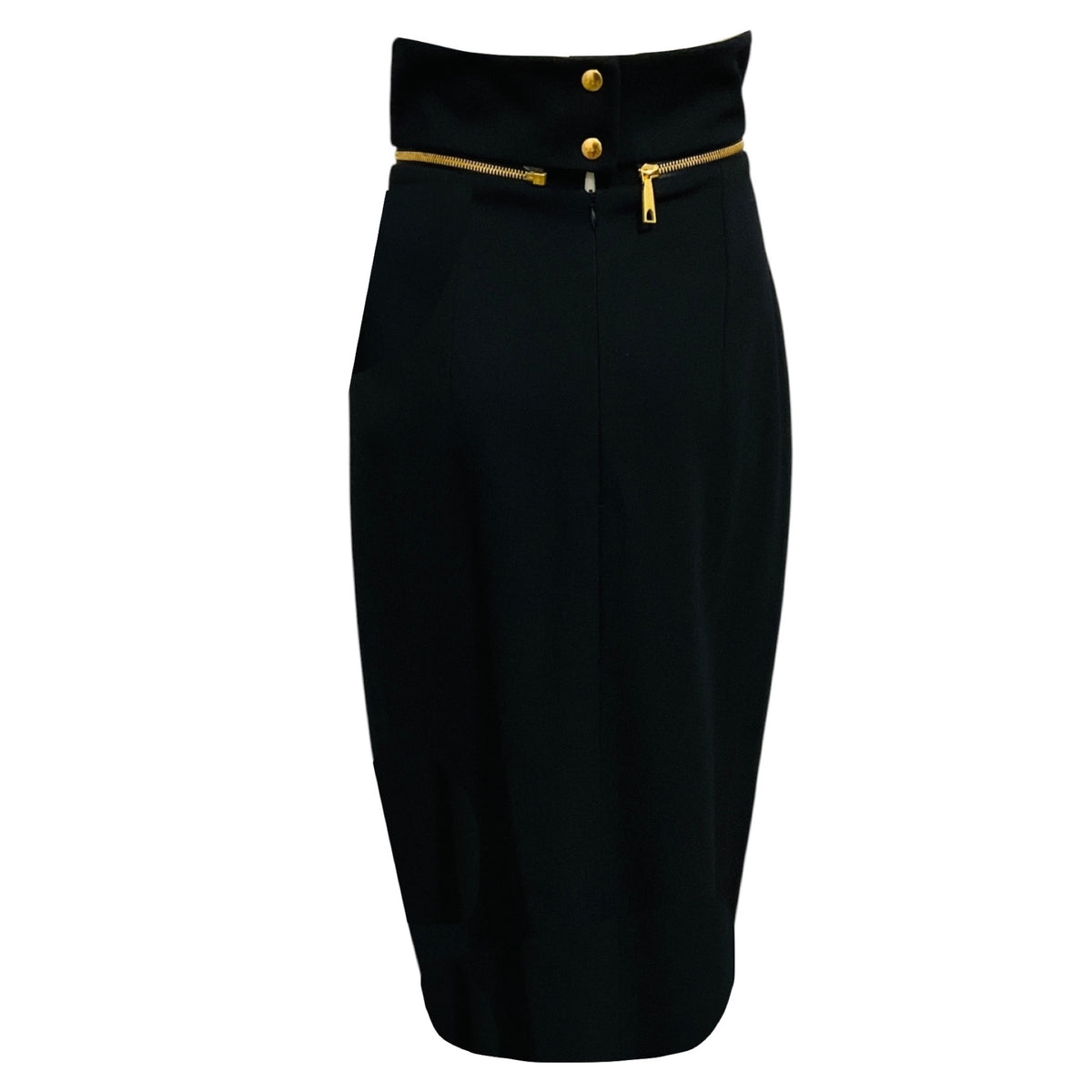 Barbara Bui Black High Waisted Midi Pencil Skirt with Gold Zipper Detail