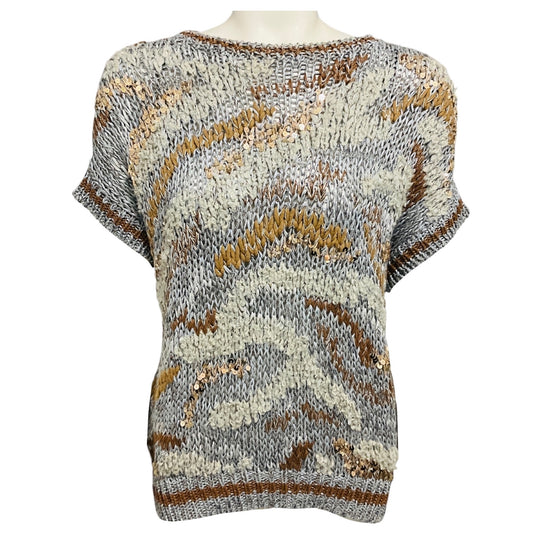 Brunello Cucinelli Grey / Brown Sequined Short Sleeved Metallic Knit Sweater