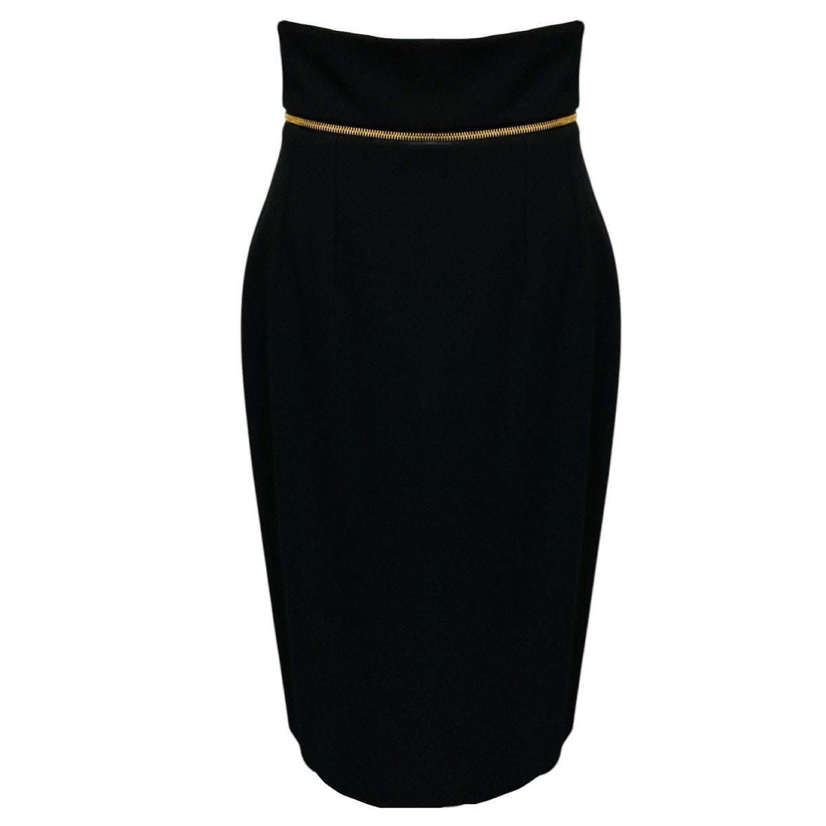Barbara Bui Black High Waisted Midi Pencil Skirt with Gold Zipper Detail