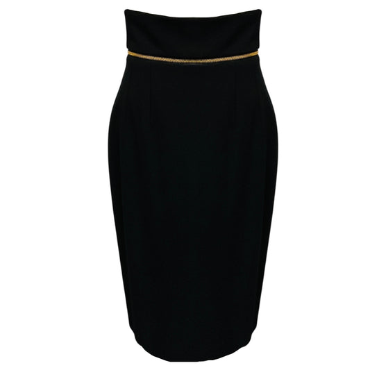 Barbara Bui Black High Waisted Midi Pencil Skirt with Gold Zipper Detail