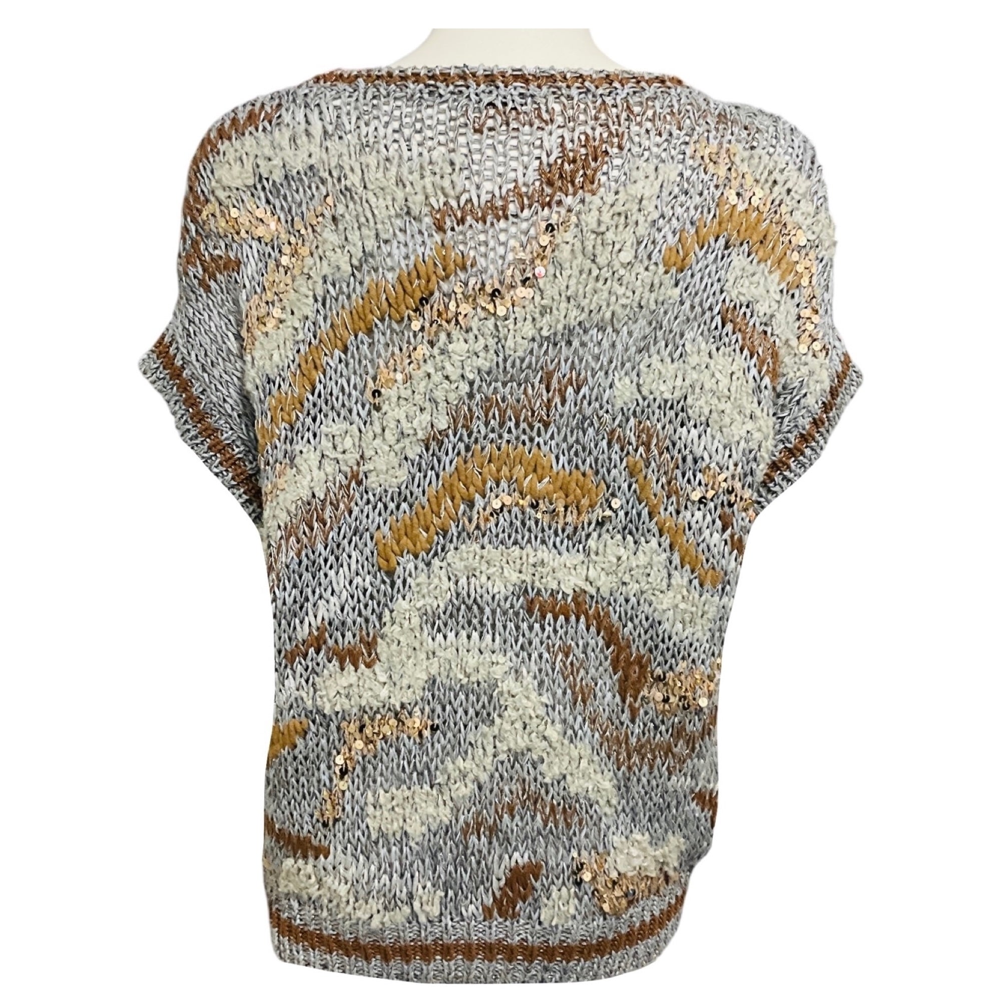Brunello Cucinelli Grey / Brown Sequined Short Sleeved Metallic Knit Sweater