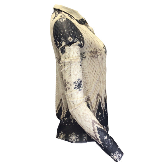 Jean Paul Gaultier Soleil Vintage Beige / Black Snowflake Print Long Sleeved Mesh Top