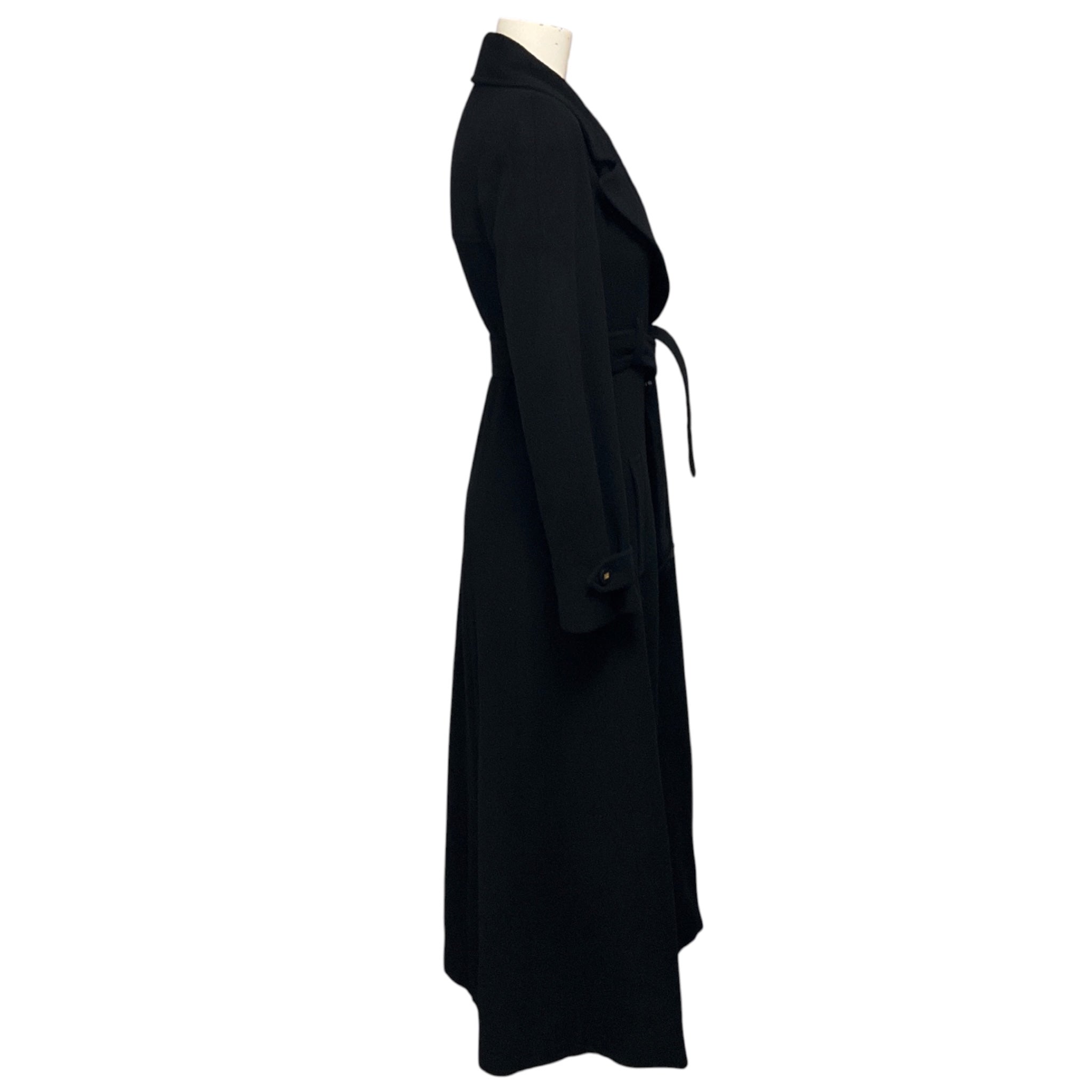 Chanel Boutique Vintage Black Double Breasted Belted Full Length Coat with CC Logo Buttons