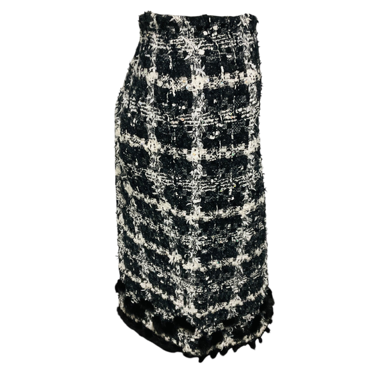 Oscar de la Renta Black / White / Charcoal Grey Tweed Skirt with Mink Fur Trim