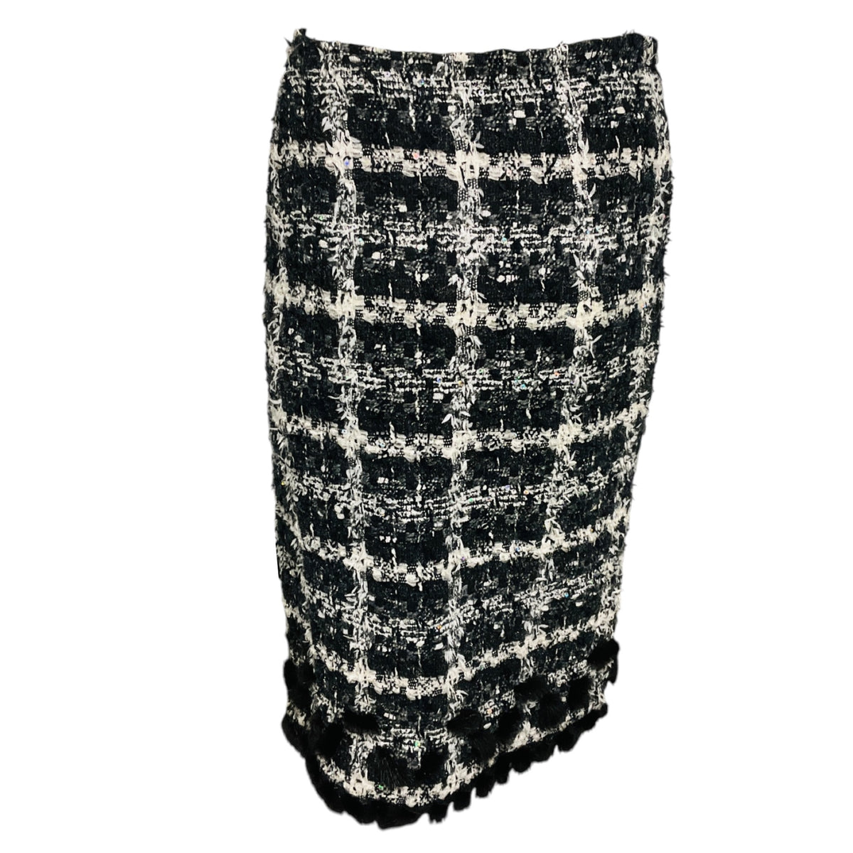 Oscar de la Renta Black / White / Charcoal Grey Tweed Skirt with Mink Fur Trim