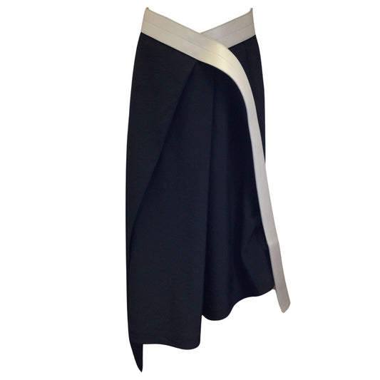 Loewe Black Calfskin Leather Belted Asymmetric Hem Wool Wrap Midi Skirt
