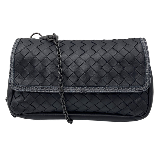 Bottega Veneta Black Snakeksin Trimmed Intrecciato Leather Crossbody Mini Bag