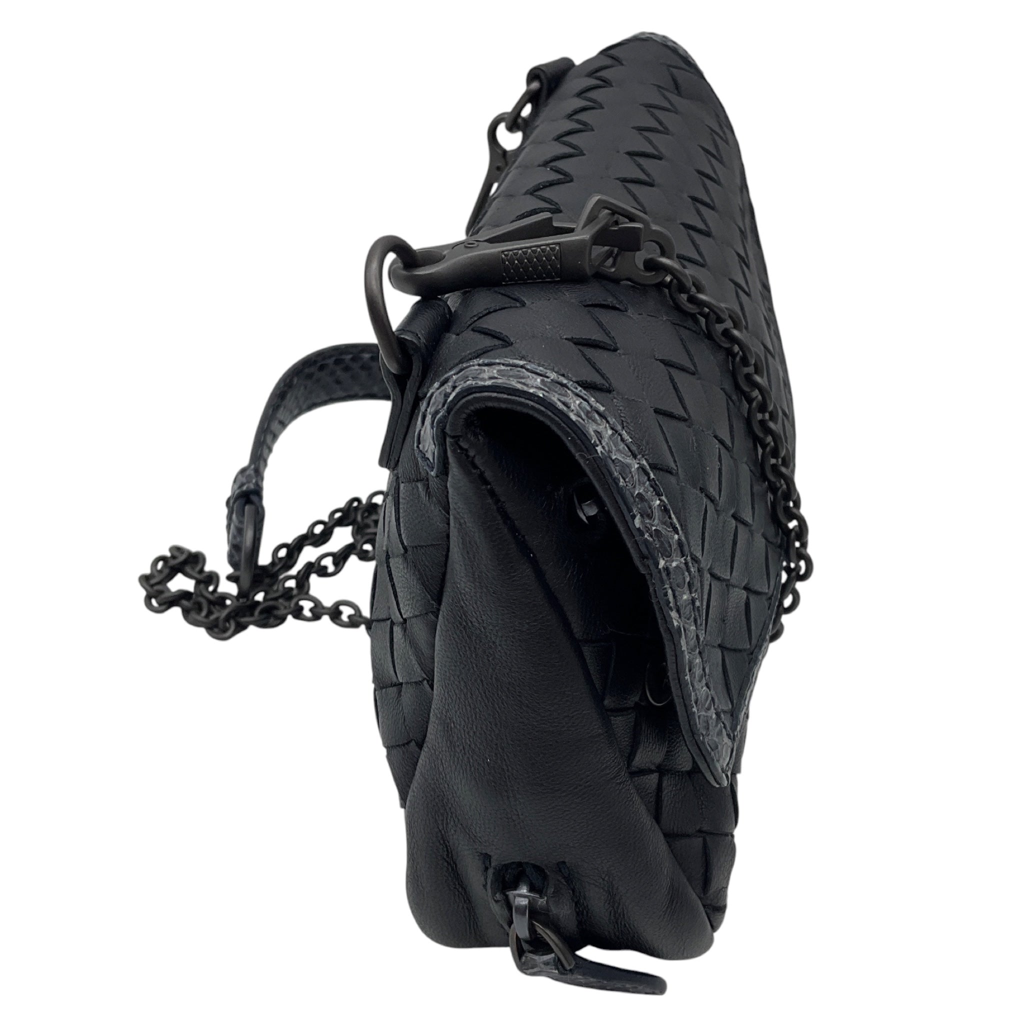 Bottega Veneta Black Snakeksin Trimmed Intrecciato Leather Crossbody Mini Bag