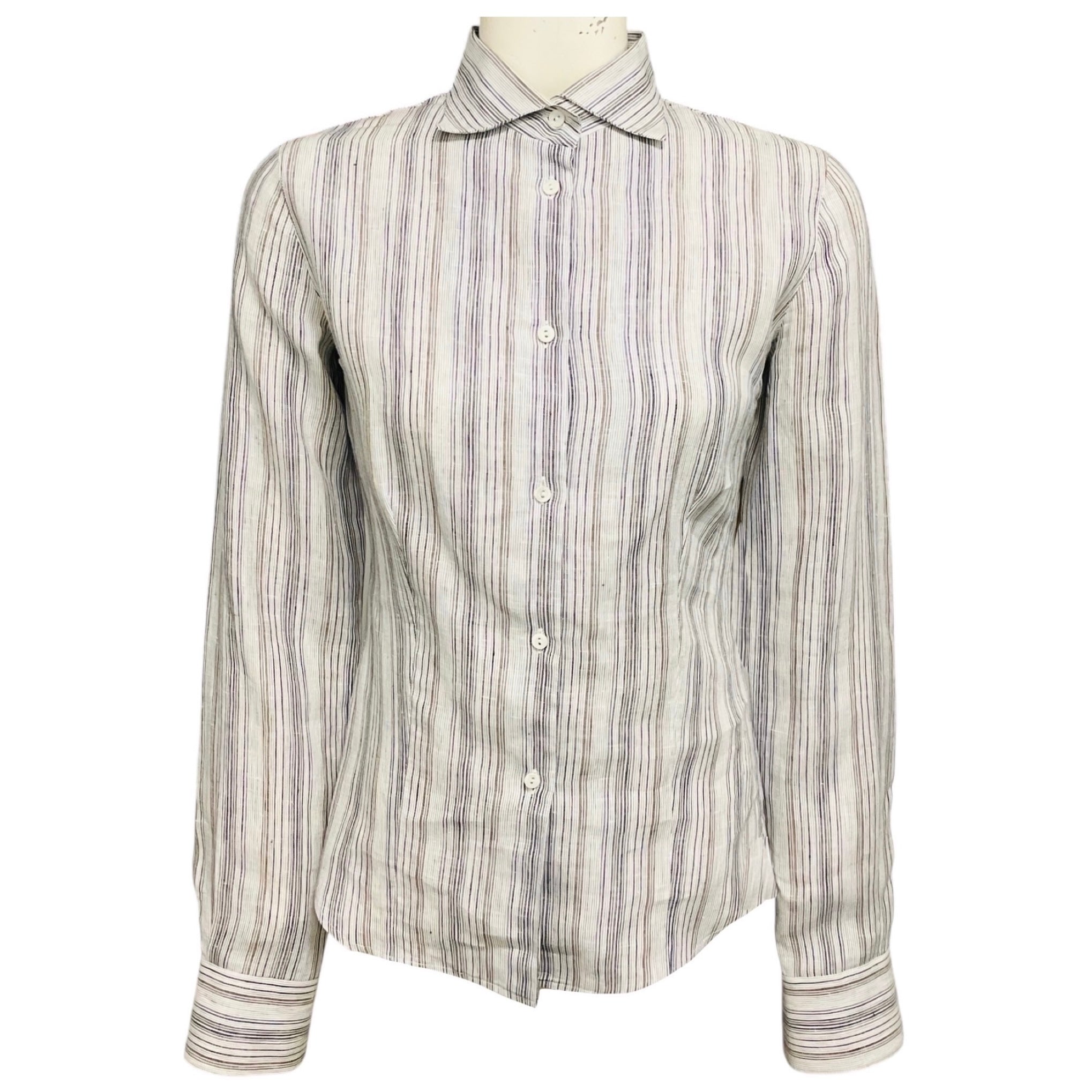 Loro Piana White / Grey / Blue Multi Striped Button Front Linen Shirt / Blouse