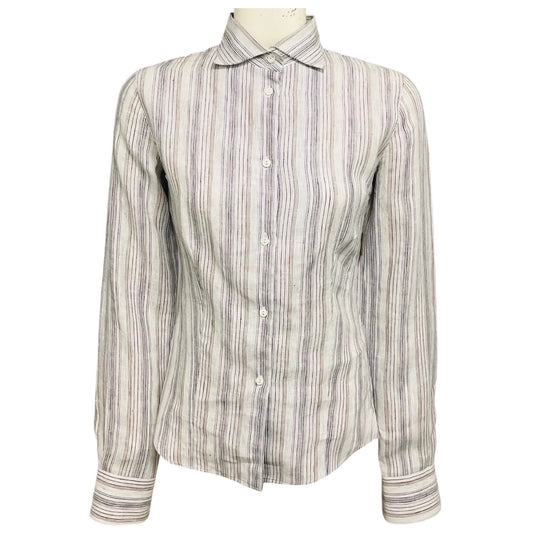 Loro Piana White / Grey / Blue Multi Striped Button Front Linen Shirt / Blouse