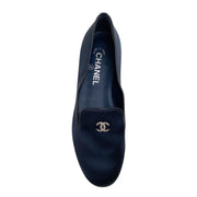 Chanel 2015 Navy Blue Satin Flats with Pearl Heel