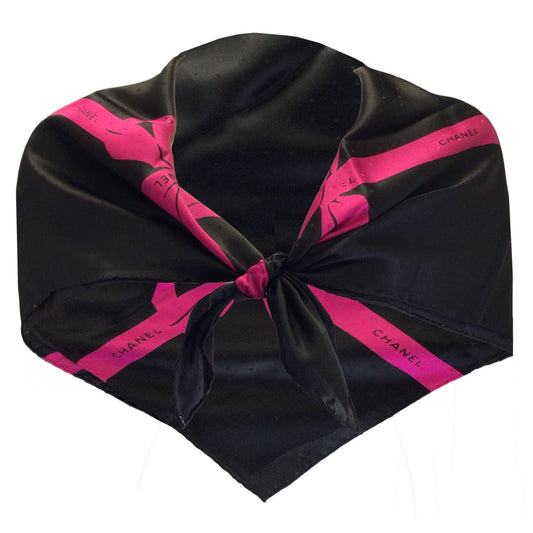 Chanel Vintage Black / Pink Ribbon Print Square Silk Scarf