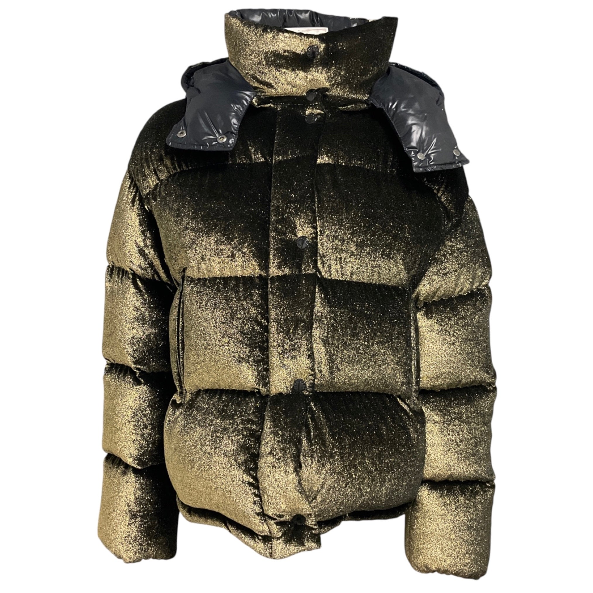 Moncler Black / Gold Metallic Caille Glitter Velvet Quilted Down Puffer Jacket