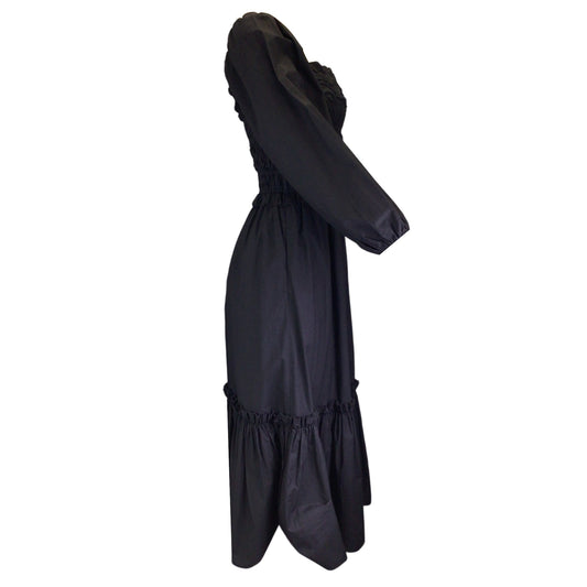Cara Cara Black Ruffled Long Sleeved Cotton Midi Dress
