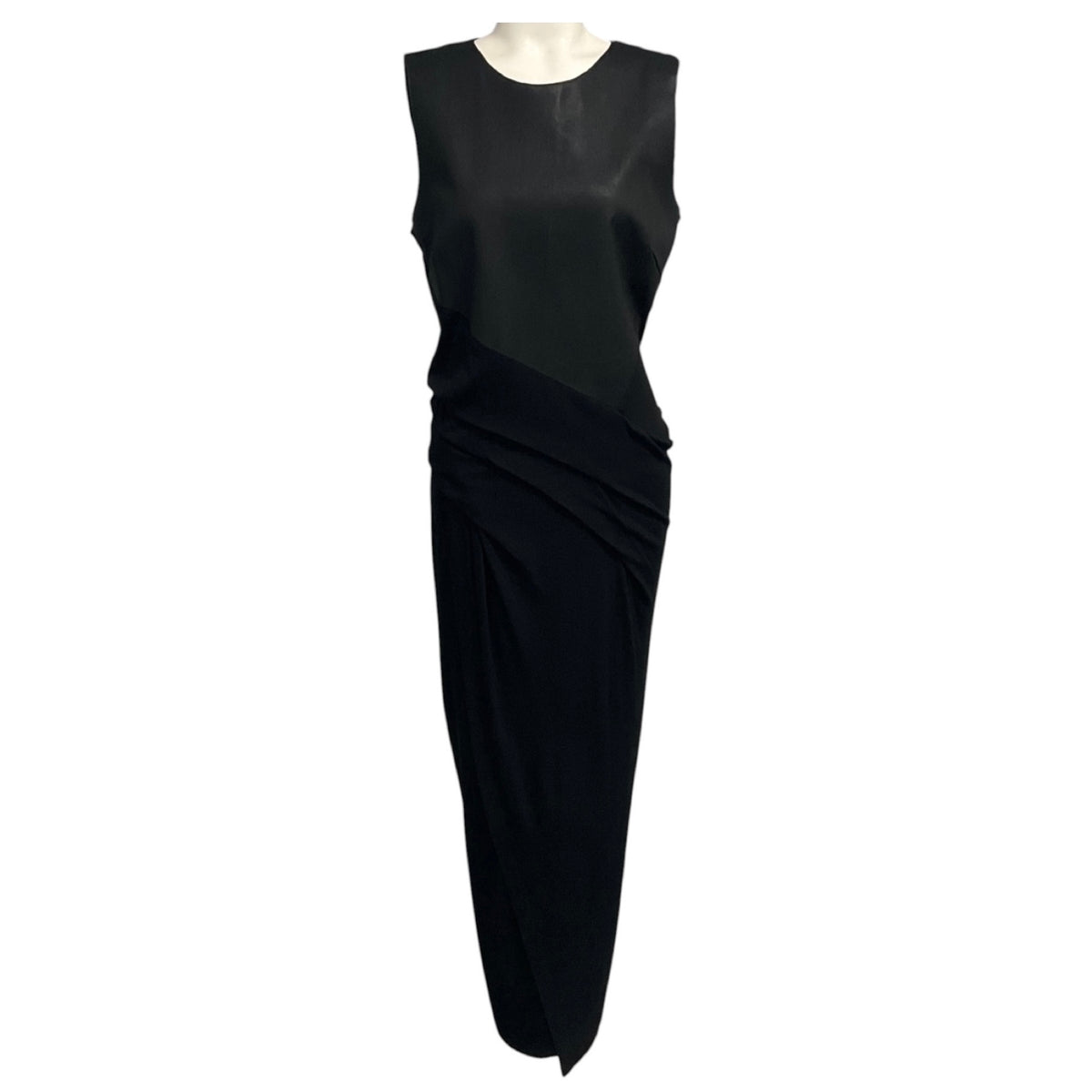 Donna Karan Black Sleeveless Lambskin Leather and Stretch Jersey Midi Dress