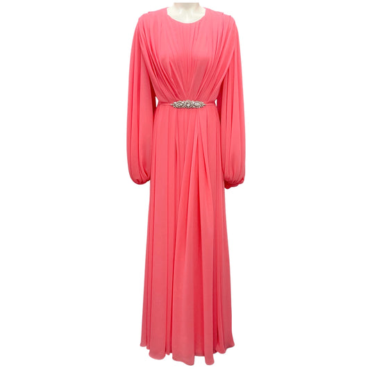 Reem Acra Coral Crystal Embellished Chiffon Gown / Formal Dress