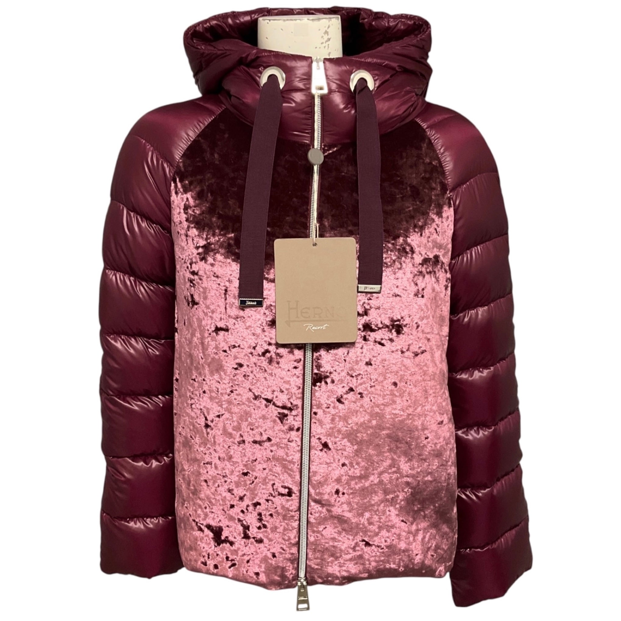 Herno Resort Burgundy Nylon and Crushed Velvet Quilted Down Puffer Jacket