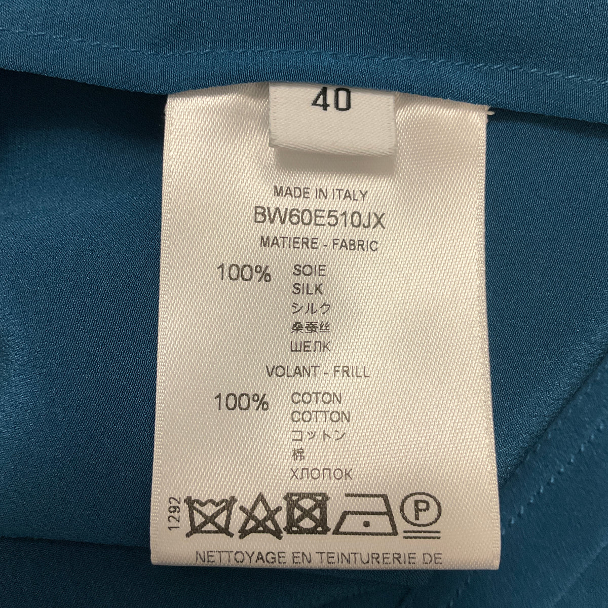Givenchy Teal Blue / Black Ruffled Long Sleeved Silk Blouse
