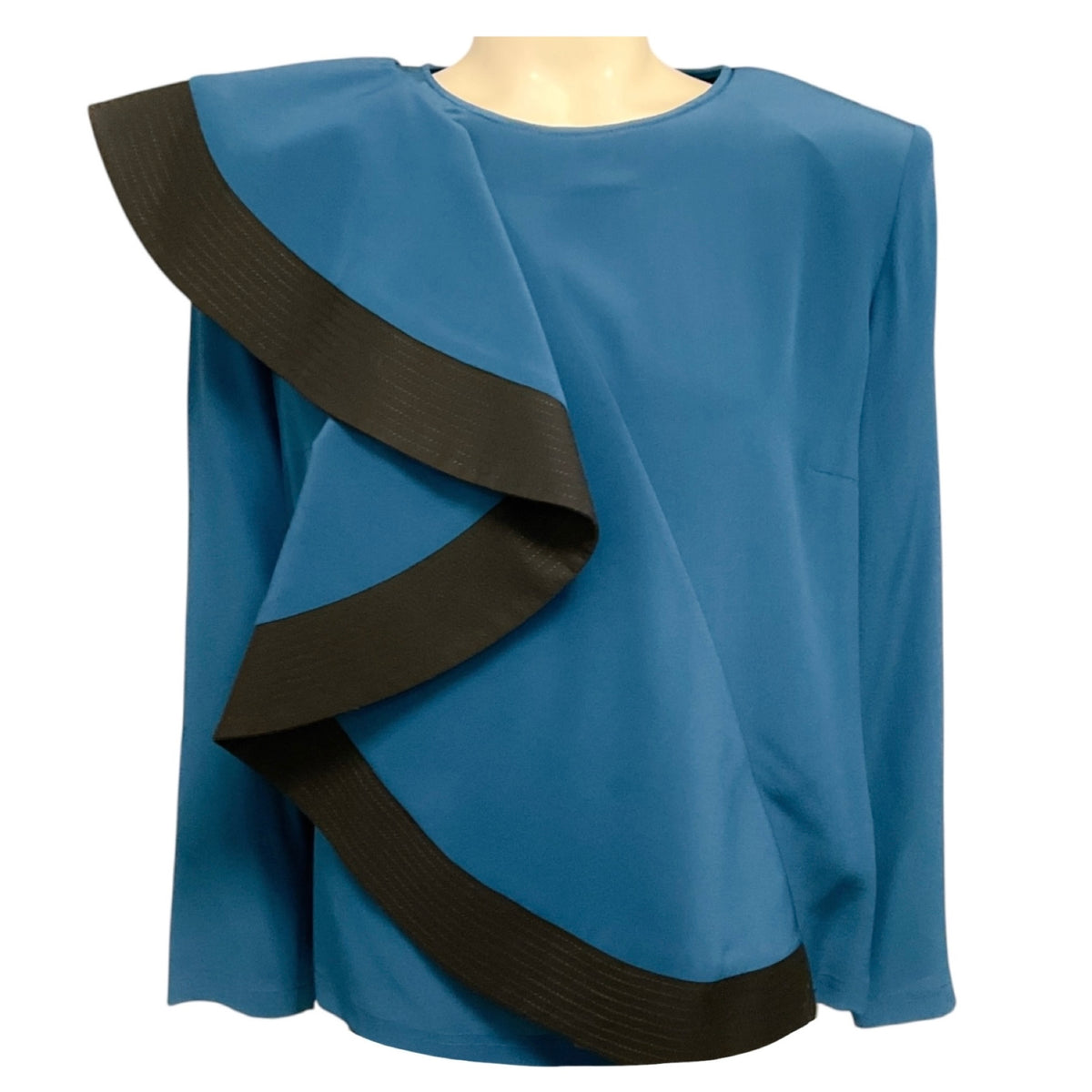 Givenchy Teal Blue / Black Ruffled Long Sleeved Silk Blouse