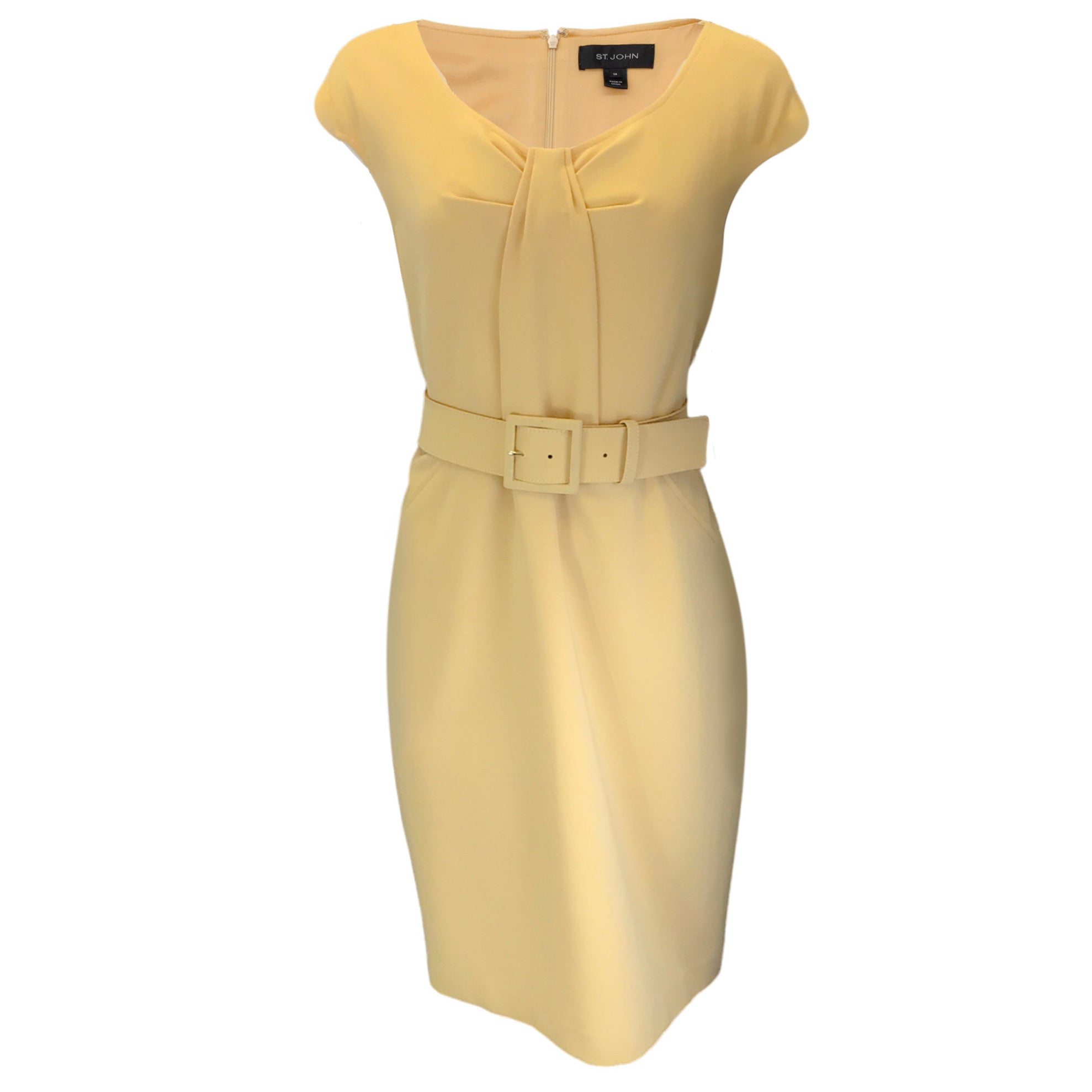 St. John Yellow Cap Sleeved Belted Crepe Dress