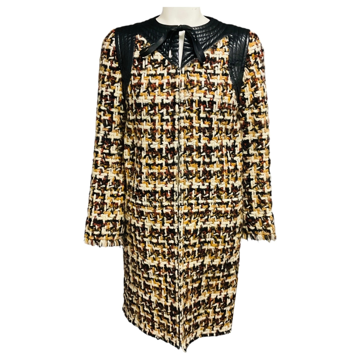 Louis Vuitton Ivory / Tan / Brown / Black Multi Tweed Coat with Black Leather Trim