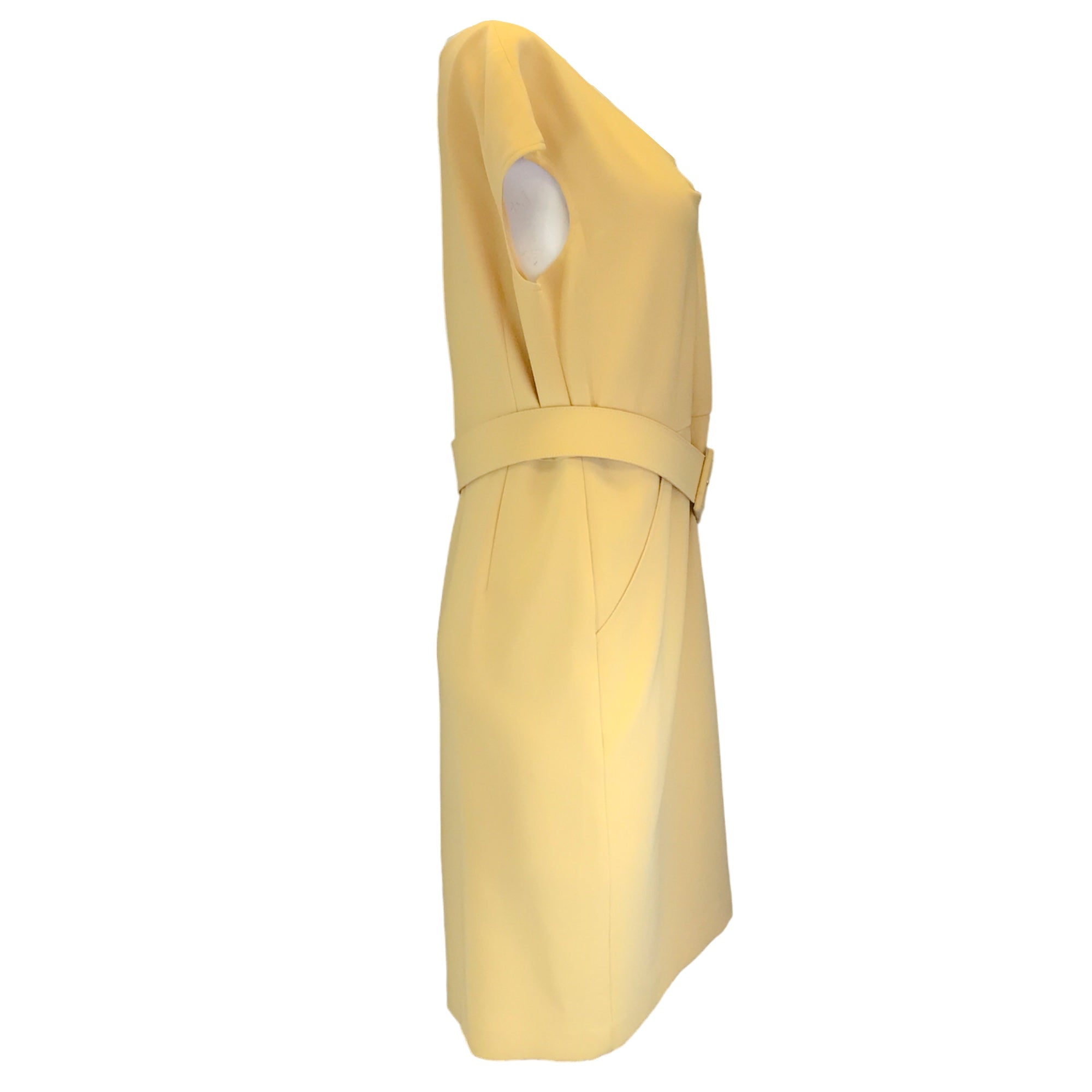 St. John Yellow Cap Sleeved Belted Crepe Dress