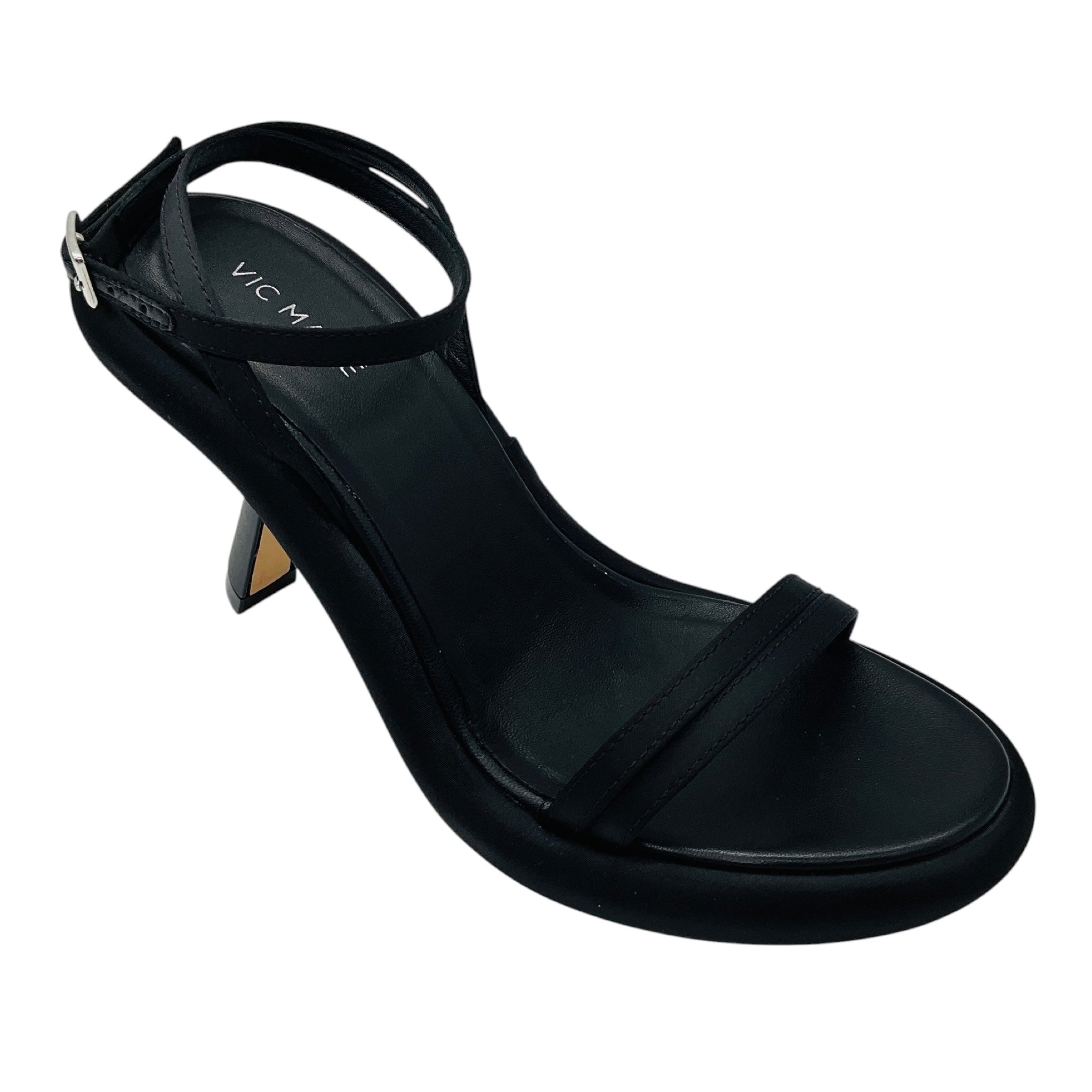 Vic Matie Black Satin and Leather Sculpted Heel Ankle Wrap Sandals