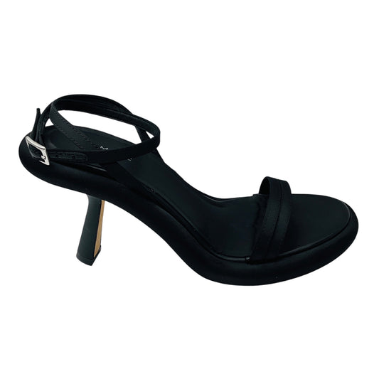 Vic Matie Black Satin and Leather Sculpted Heel Ankle Wrap Sandals