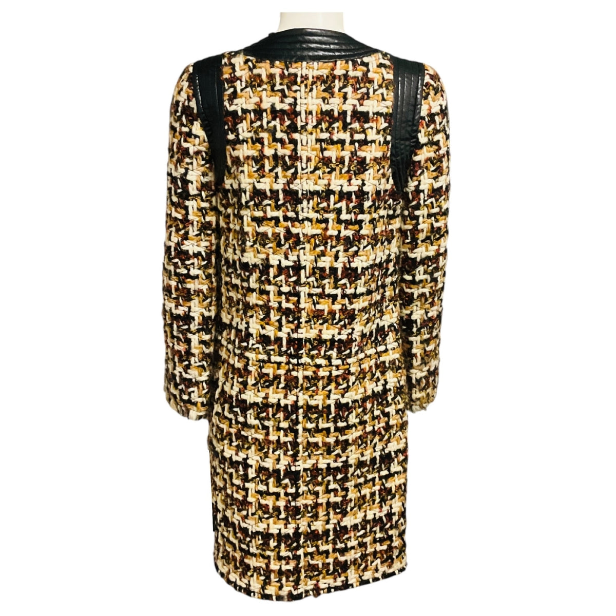 Louis Vuitton Ivory / Tan / Brown / Black Multi Tweed Coat with Black Leather Trim