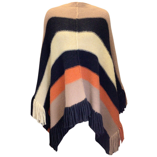 Sonia Rykiel Taupe Multi Striped Fringed Alpaca and Wool Knit Poncho / Cape