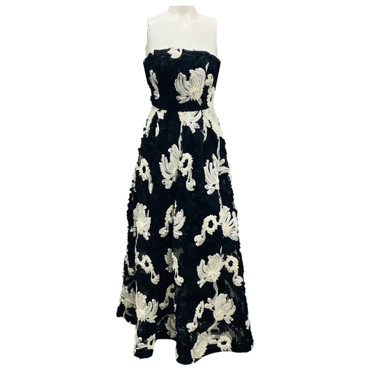 Karen Millen Black / White Textured Strapless Woven Midi Cocktail Dress