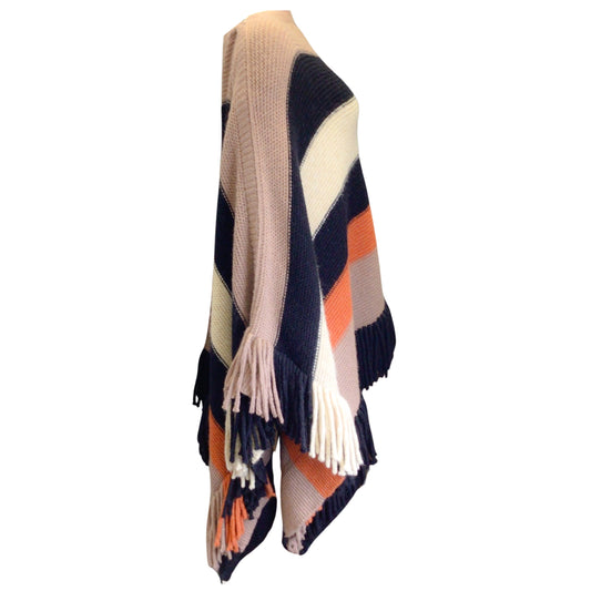 Sonia Rykiel Taupe Multi Striped Fringed Alpaca and Wool Knit Poncho / Cape