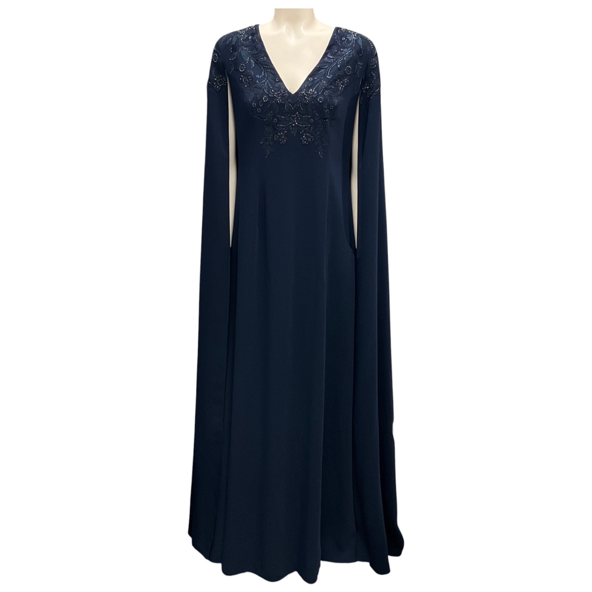 Carolina Herrera Midnight 2022 V Neck Sheath Cape Caftan Gown