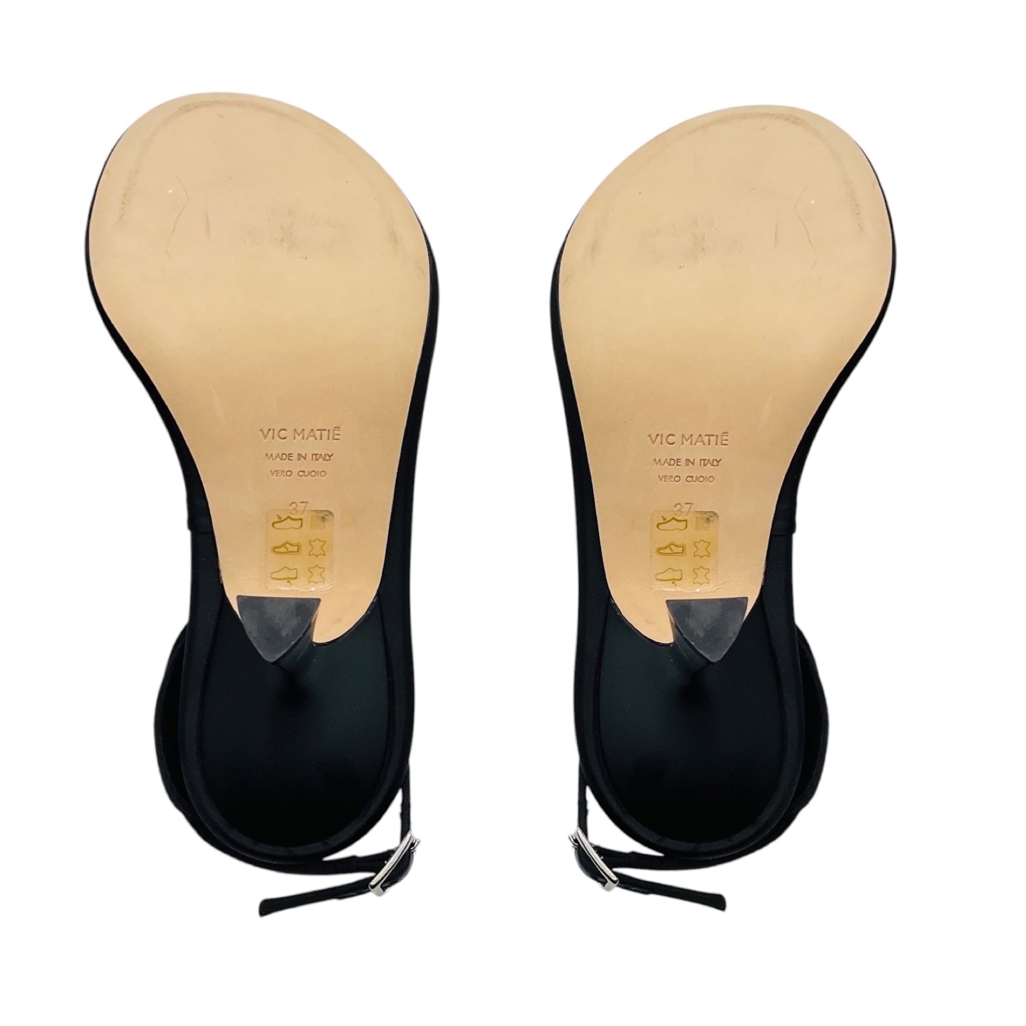 Vic Matie Black Satin and Leather Sculpted Heel Ankle Wrap Sandals