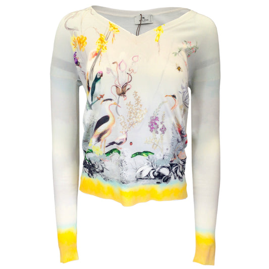 Etro Ivory Multi 2021 Bird Print Long Sleeved V-Neck Wool and Silk Knit Sweater